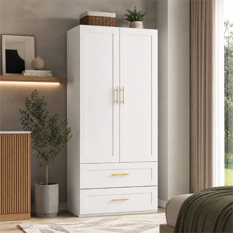 Wardrobe Armoire with Hanging Rod & 2 Large Drawers White