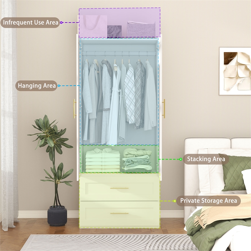Wardrobe Armoire with Hanging Rod & 2 Large Drawers White