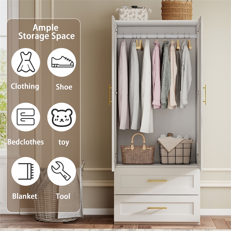 Wardrobe Armoire with Hanging Rod & 2 Large Drawers White