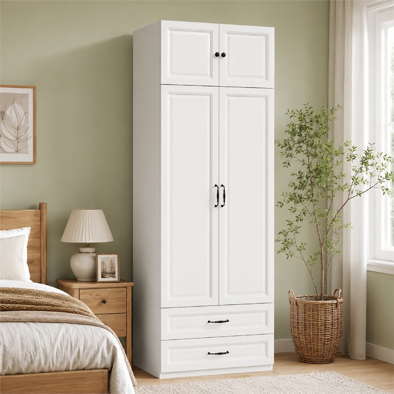 Armoire Closet with Hanging Rod w/ 4 Doors & 2 Drawers White