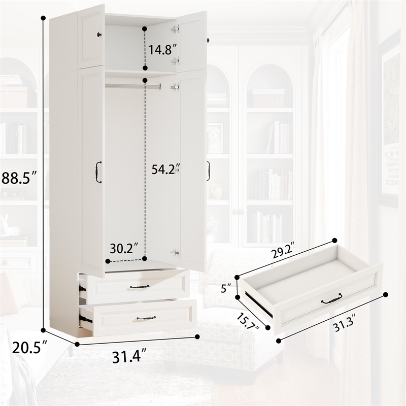 Armoire Closet with Hanging Rod w/ 4 Doors & 2 Drawers White
