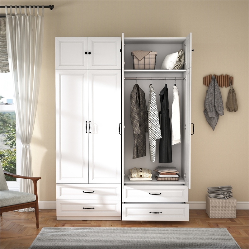 Armoire Closet with Hanging Rod w/ 4 Doors & 2 Drawers White