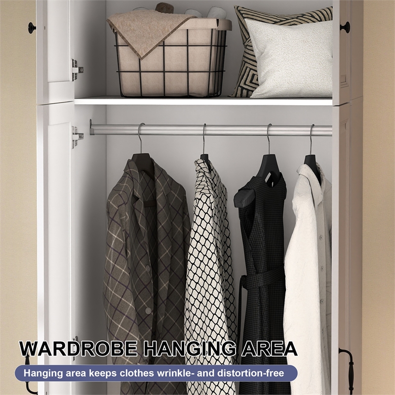 Armoire Closet with Hanging Rod w/ 4 Doors & 2 Drawers White