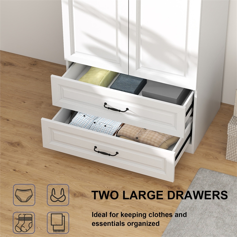 Armoire Closet with Hanging Rod w/ 4 Doors & 2 Drawers White