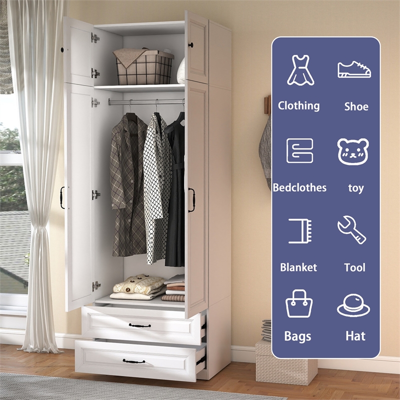 Armoire Closet with Hanging Rod w/ 4 Doors & 2 Drawers White