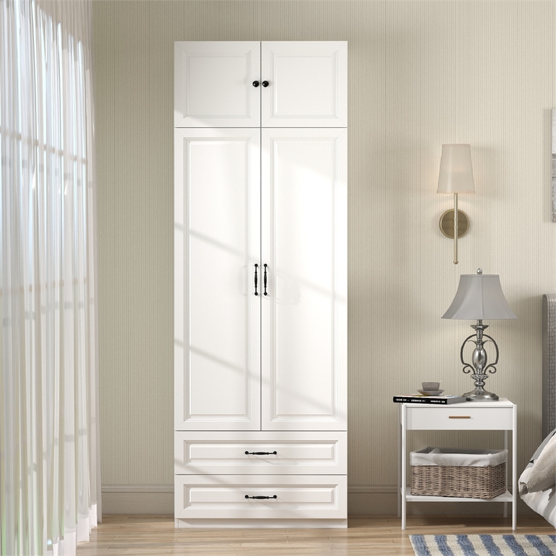 Armoire Closet with Hanging Rod w/ 4 Doors & 2 Drawers White