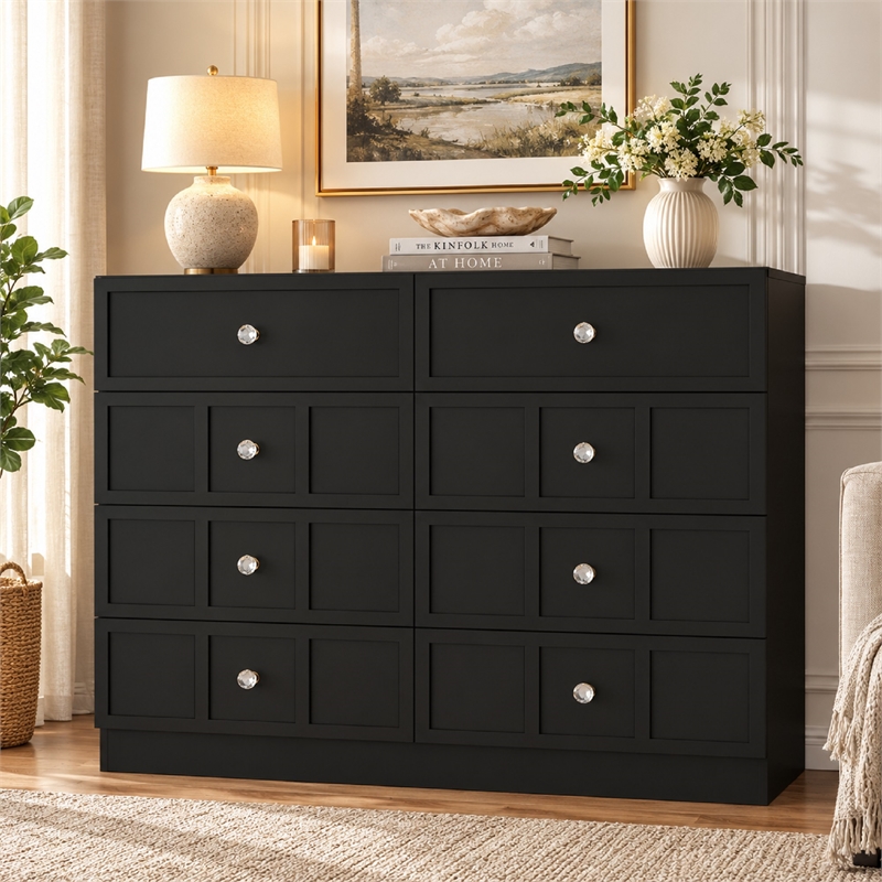 8 Drawer Dresser with Crystal Knobs Black
