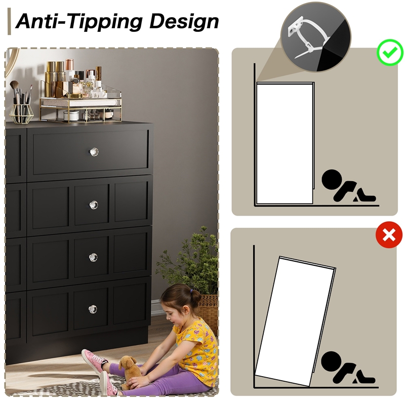 8 Drawer Dresser with Crystal Knobs Black