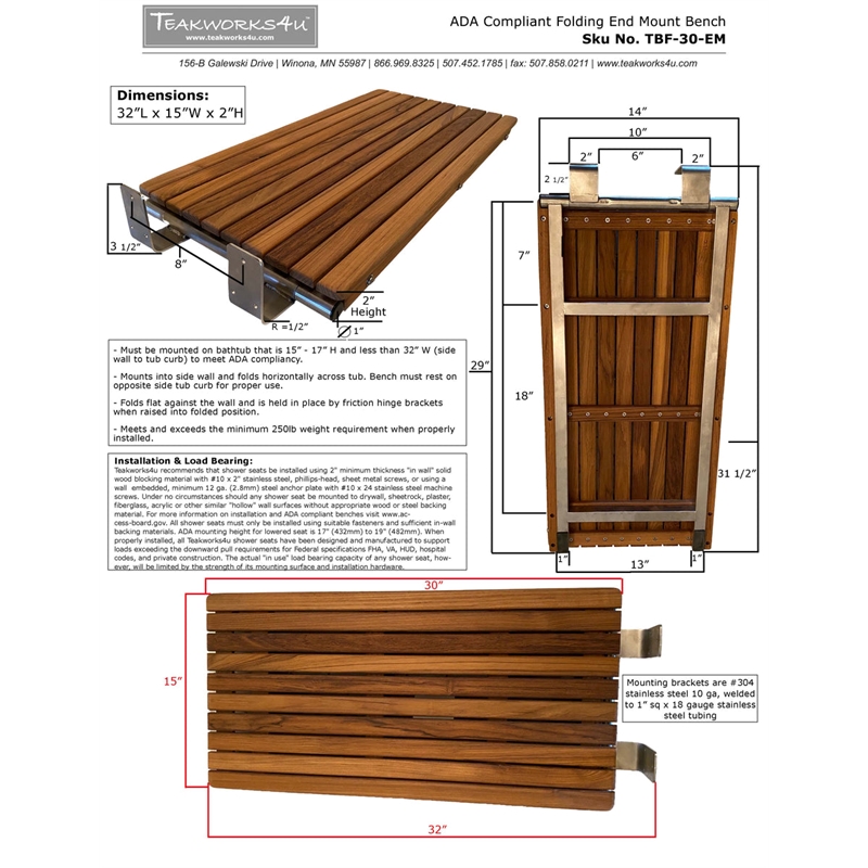 Teakworks4u ADA Compliant Folding End Mount Bench in Teak Wood