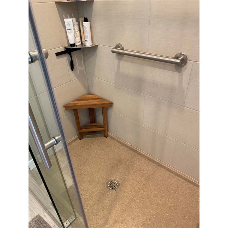 Teakworks4u Mini Corner Shower Bench with Shelf in Teak Wood