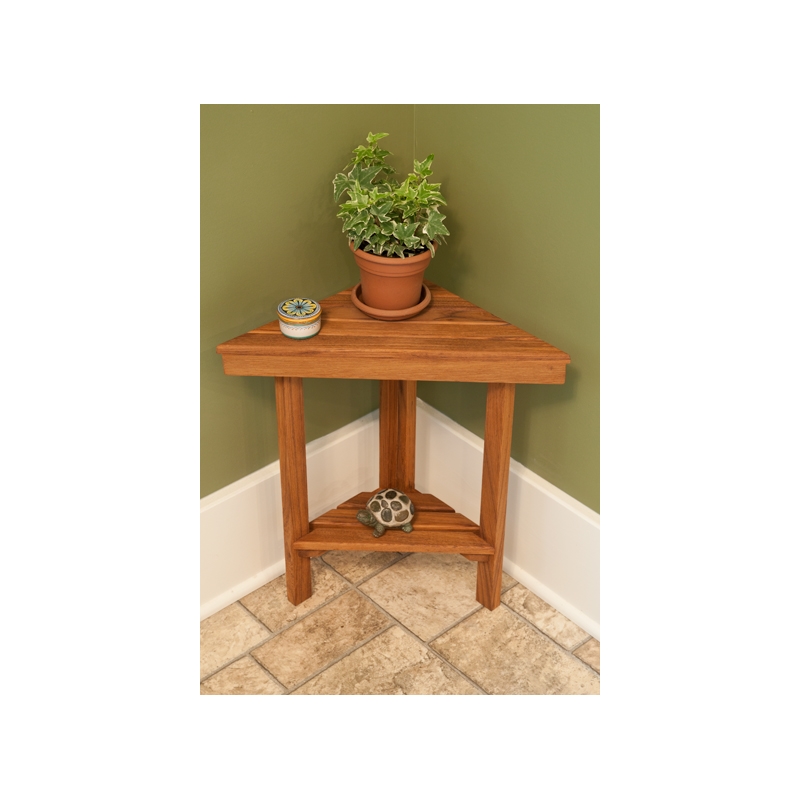 Teakworks4u Mini Corner Shower Bench with Shelf in Teak Wood