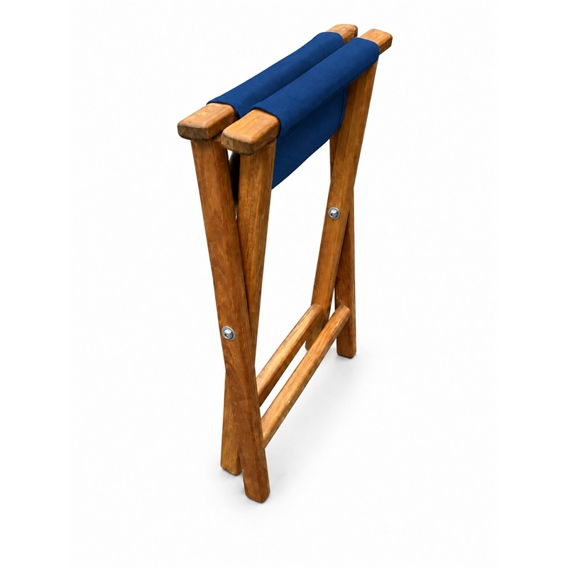 Teakworks4u Folding Teak Wood Camp Stool with Colbert Blue Canvas Seat