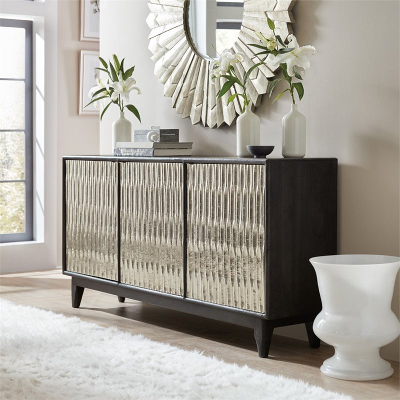 Shimmer 3 Door Wood Credenza in Charcoal and German Silver Finish by Hooker