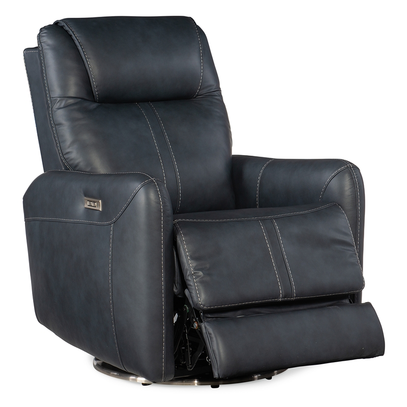 Steffen Swivel Power Recliner with Power Headrest in Blue Leather by Hooker