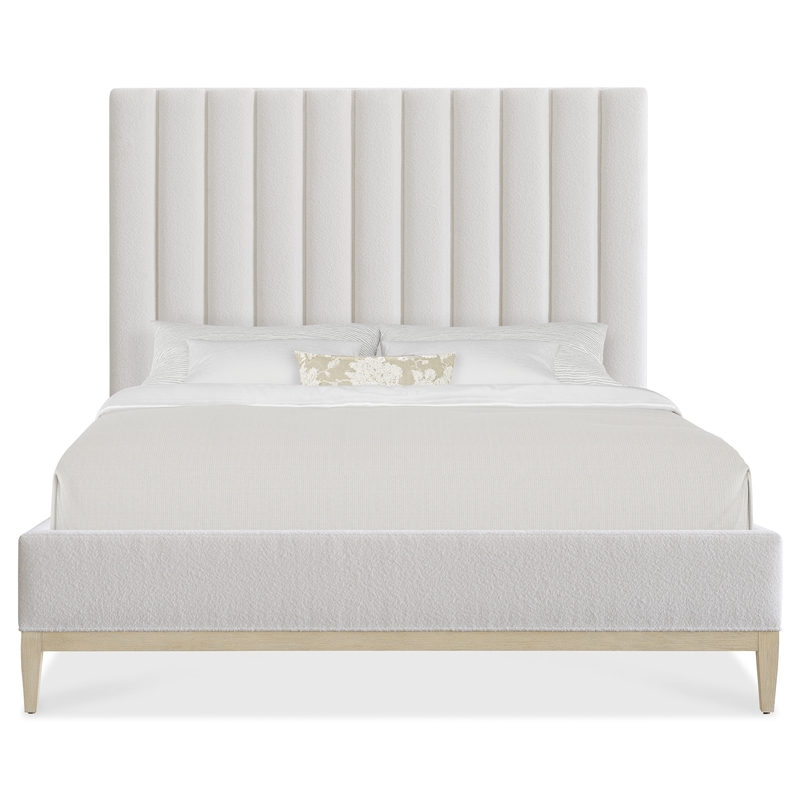 Cascade Queen Upholstered Bed with Vertically Channeled White Fabric Headboard