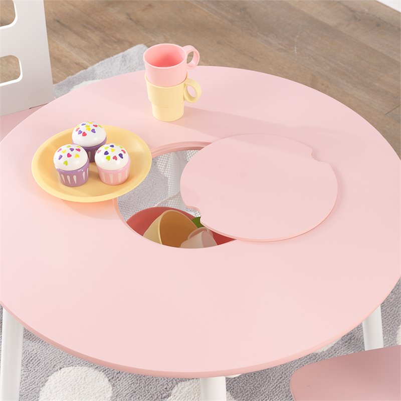 KidKraft 3 Piece Round Storage Table and Chair Set in Pink and White