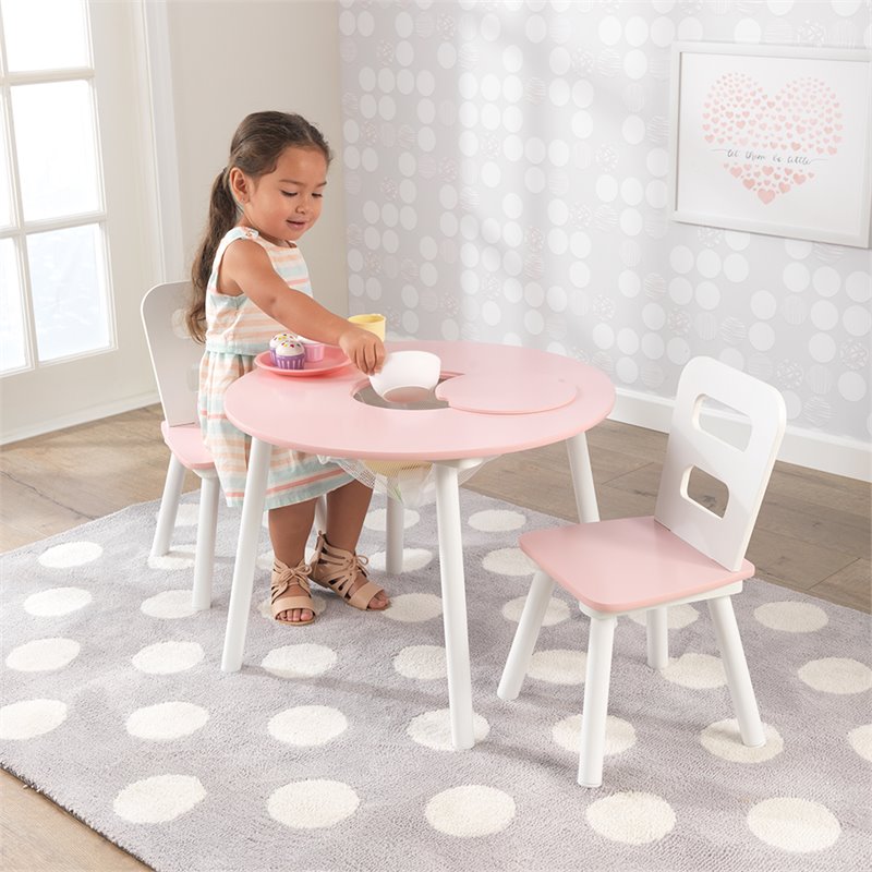 KidKraft 3 Piece Round Storage Table and Chair Set in Pink and White