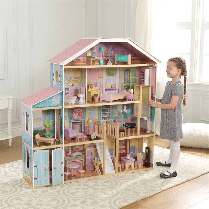 KidKraft 34 Piece Grand View Mansion Dollhouse in Pink and Natural
