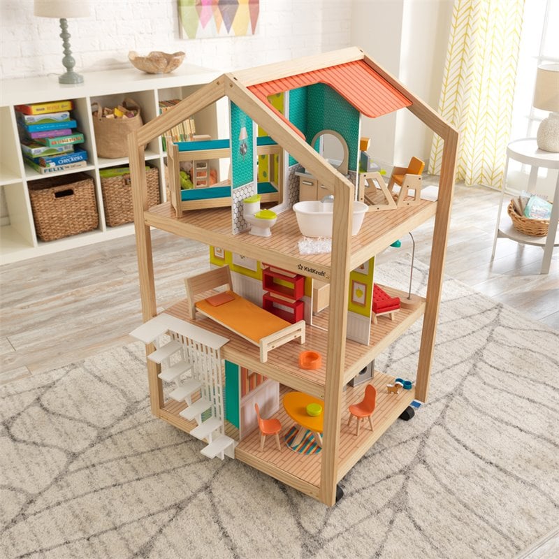KidKraft 42 Piece So Stylish Mansion Wood Dollhouse in White and Natural