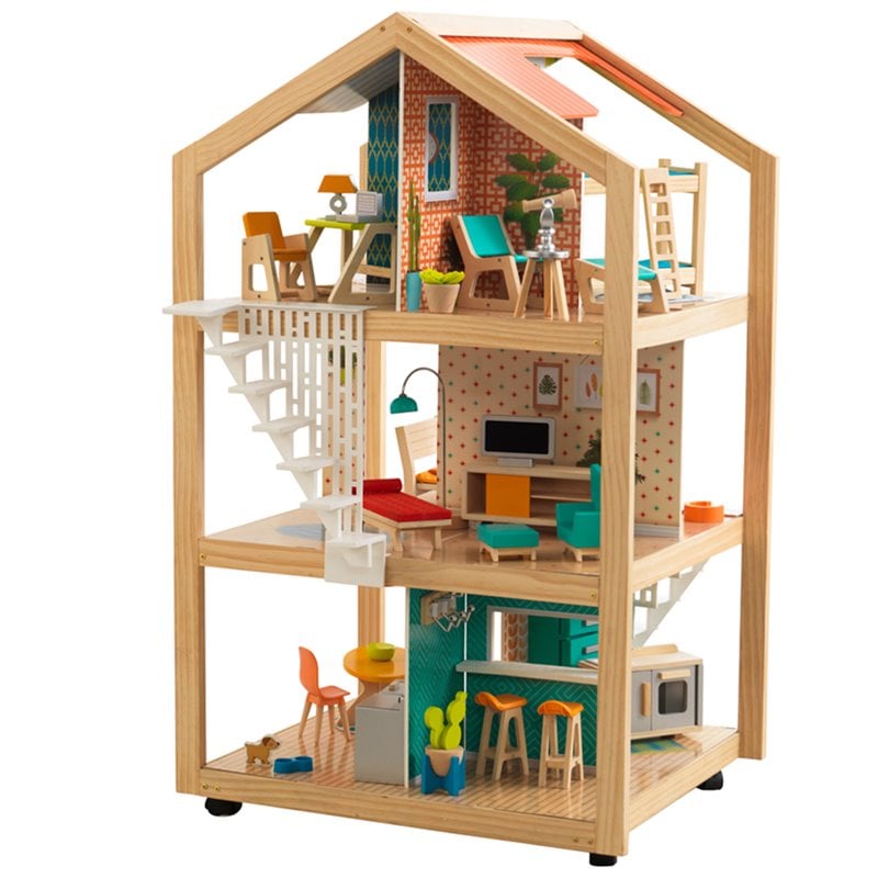 KidKraft 42 Piece So Stylish Mansion Wood Dollhouse in White and Natural