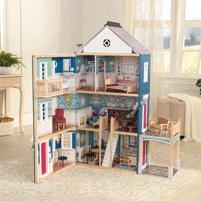 KidKraft 20 Piece Grand Anniversary Dollhouse in Blue and White