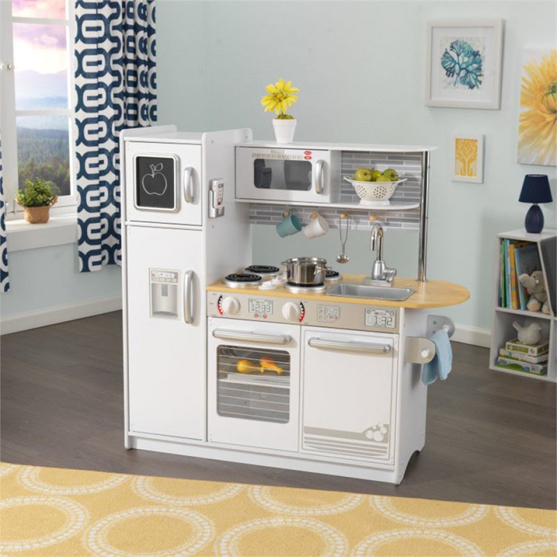 2 Piece Modern White Play Kitchen with Colorful Storage Bin Set