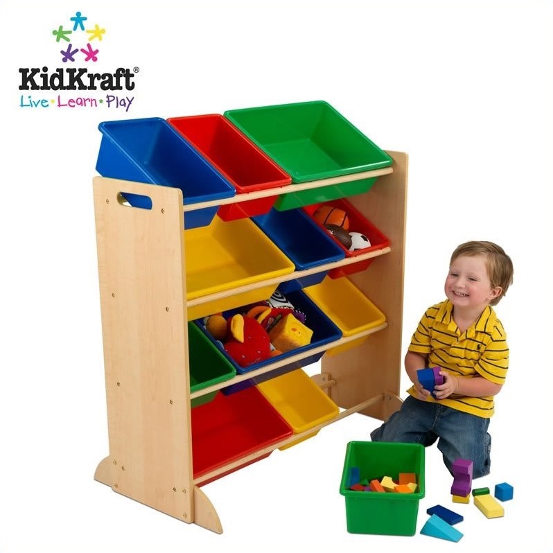 2 Piece Modern White Play Kitchen with Colorful Storage Bin Set
