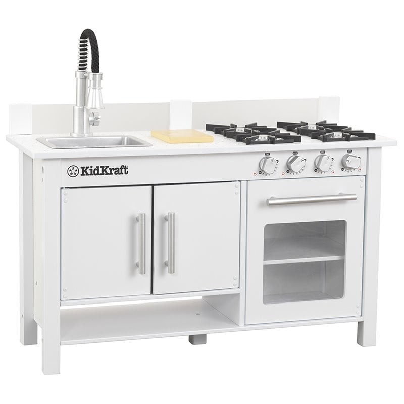 Complete Modern Kids Play Kitchen Set with Toy Cookware Set in White