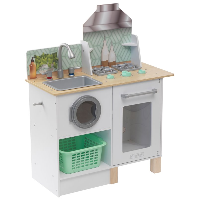Kidkraft Whisk & Wash Wooden Plastic Play Kitchen and Laundry in White