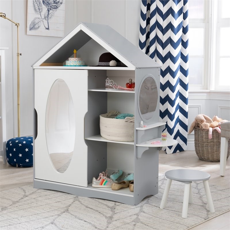Kidkraft 2 Piece Dress Up Wooden Armoire and Vanity in White and Gray