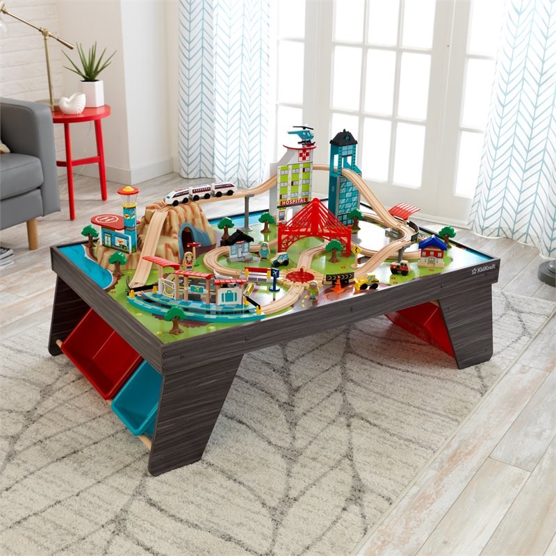 Kidkraft 85 Piece Pacific Railway Wooden Plastic Train Table Set