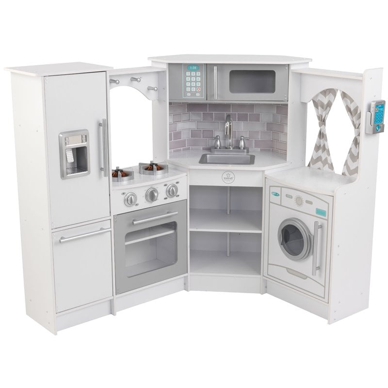 Kidkraft Ultimate Wooden Corner Play Kitchen with Lights and Sounds in White