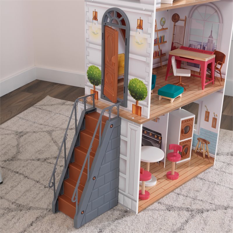 Kidkraft Rowan 13 Piece Wooden Plastic Townhome Dollhouse