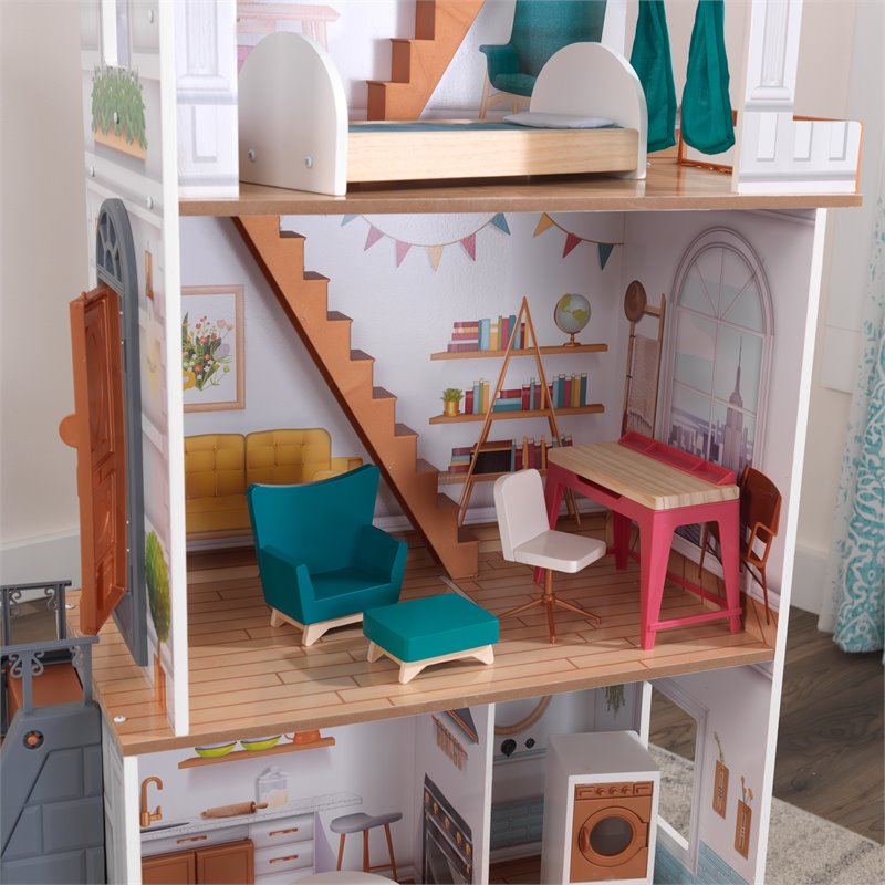 Kidkraft Rowan 13 Piece Wooden Plastic Townhome Dollhouse