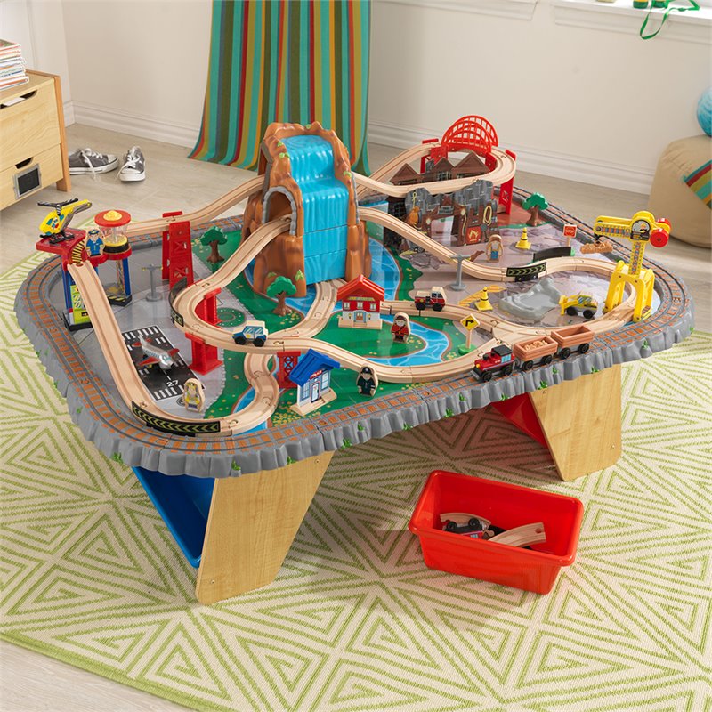 KidKraft 112 Piece Waterfall Junction Train Table Set in Gray and Natural