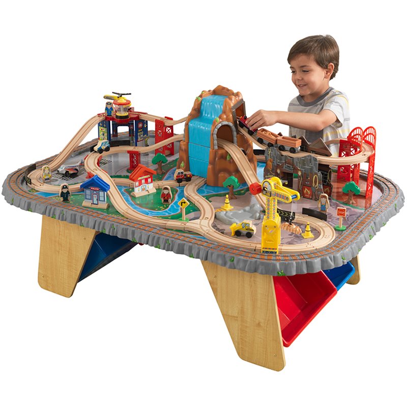 KidKraft 112 Piece Waterfall Junction Train Table Set in Gray and Natural