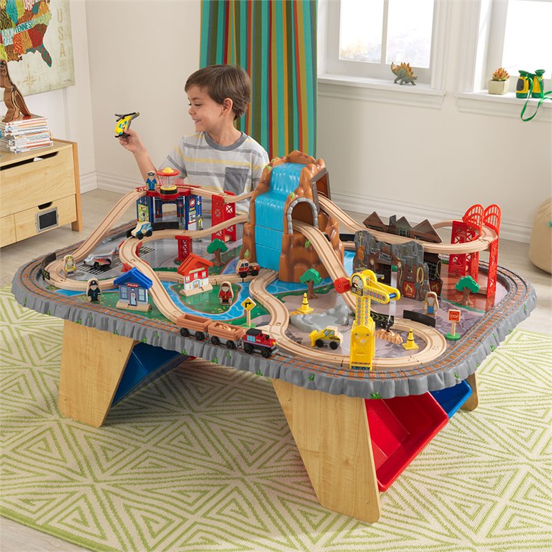 KidKraft 112 Piece Waterfall Junction Train Table Set in Gray and Natural
