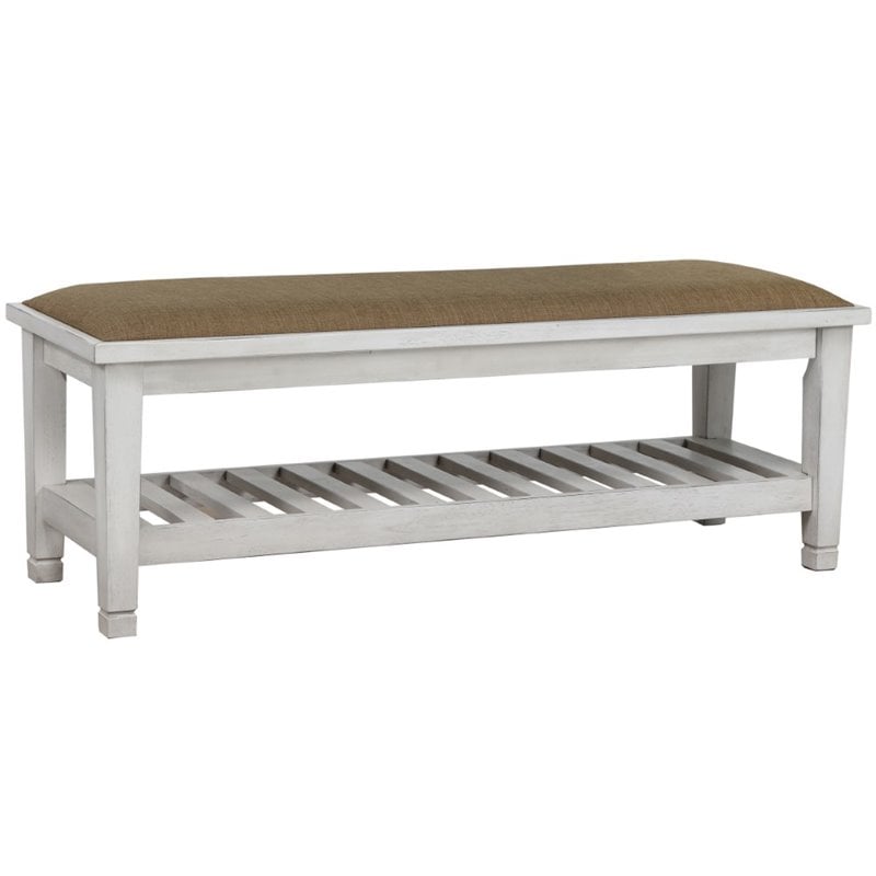 Franco Fabric Upholstered Bench with Shelf Distressed White