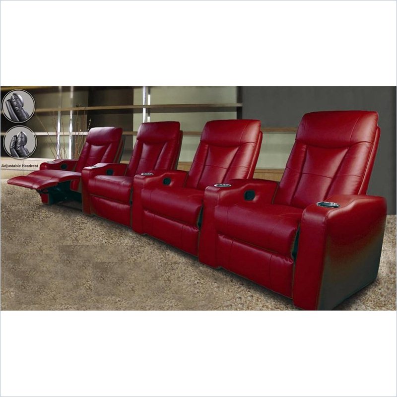 Coaster Pillow Top Four Piece Leather Match Theater Seating Set in Red