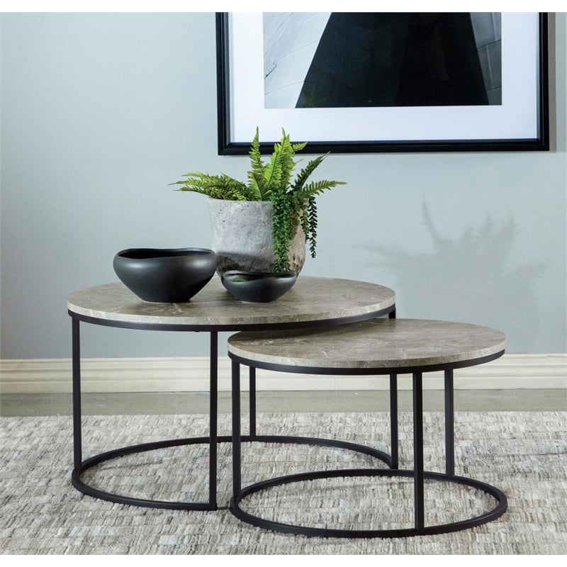 Lainey 2-piece Round Faux Marble Nesting Coffee Table Grey