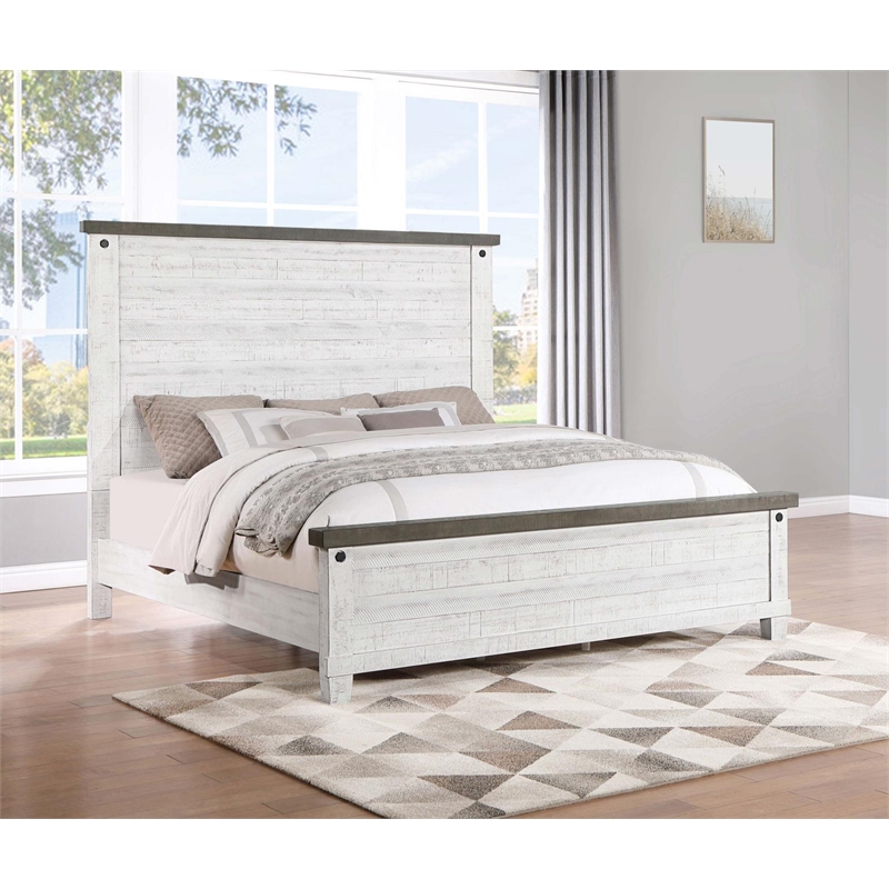 coaster lilith wood queen panel bed distressed in gray and white