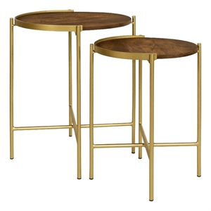Malka 2-piece Round Wood Nesting Table Dark Brown and Gold