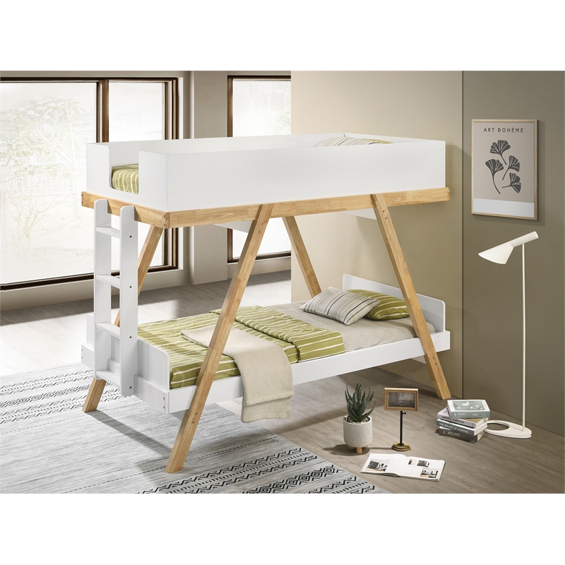 Frankie Wood Twin Over Twin Bunk Bed White and Natural
