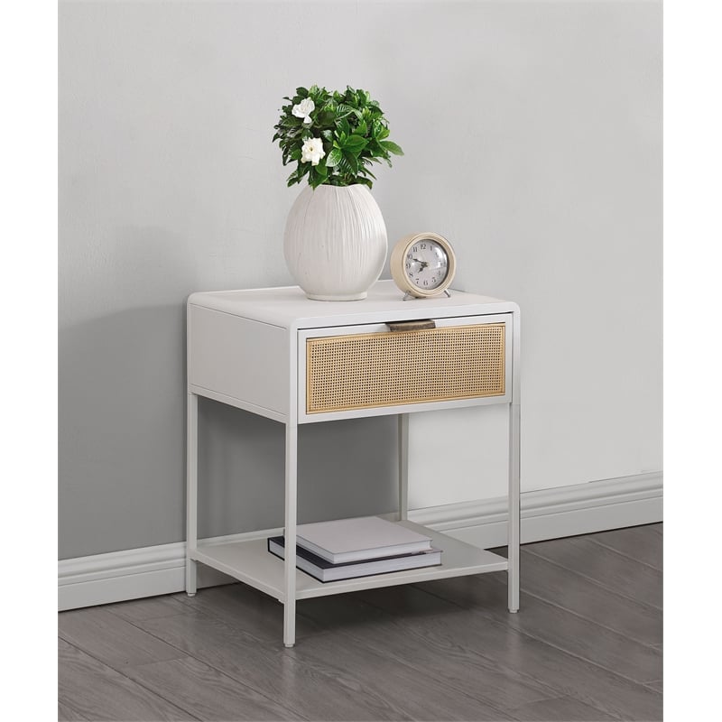 Amherst 1-drawer Radio Weave Cane Metal Bedside Table White