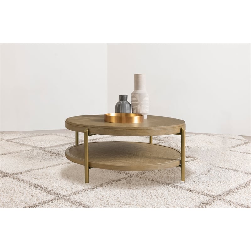 Arini Round Coffee Table With Storage Shelf Sand Wash