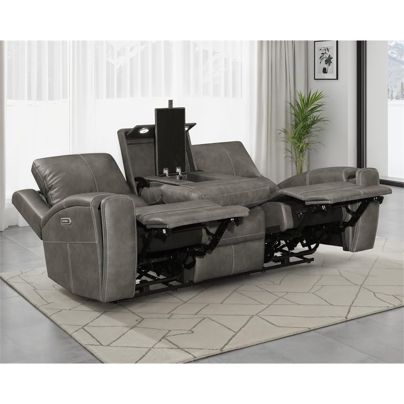 Coaster Brickston Faux Leather Triple Power Reclining Sofa in Charcoal