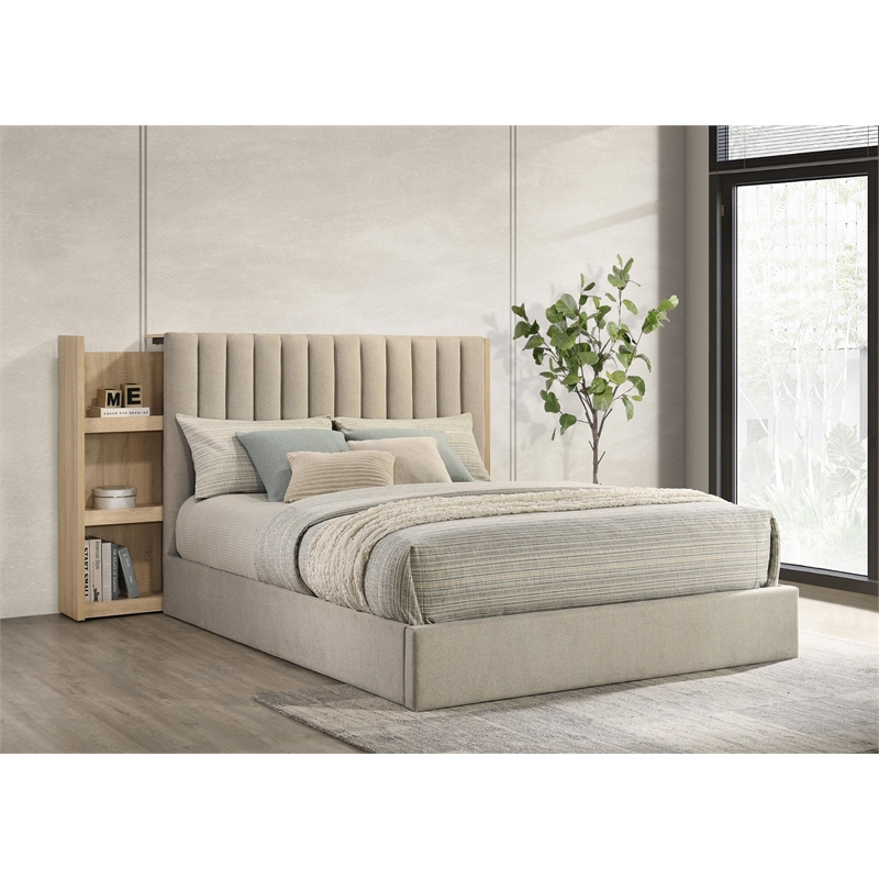 Coaster Arielle Fabric Eastern King Bookcase Panel Storage Bed in Light Oak/Tan