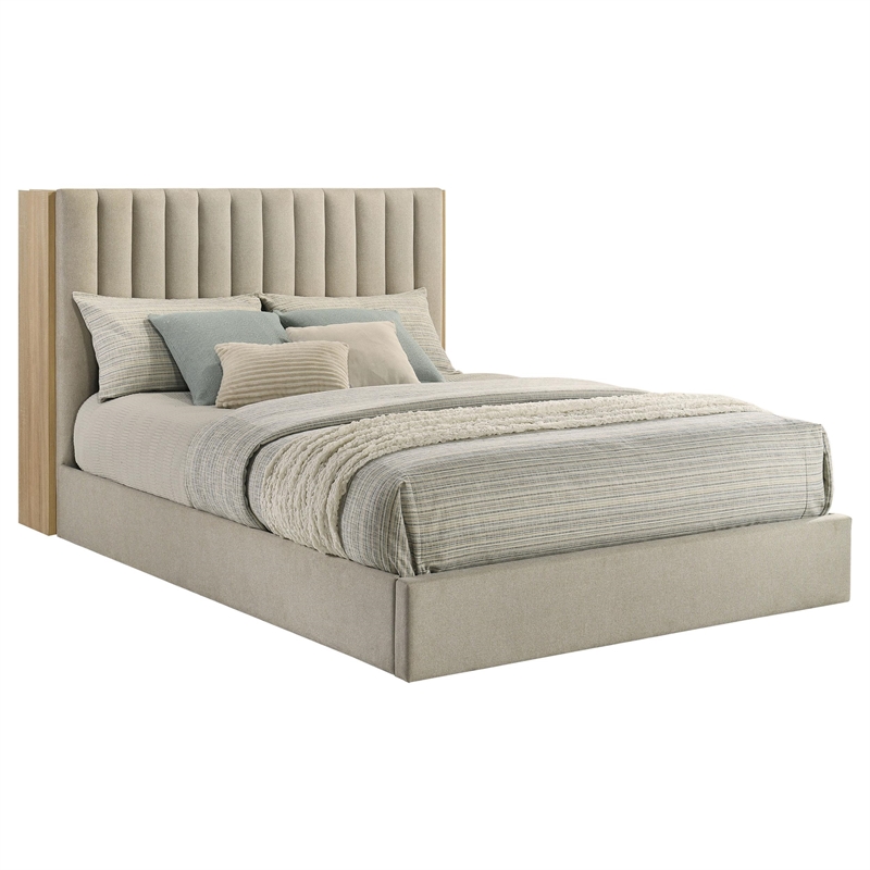Coaster Arielle Fabric Eastern King Bookcase Panel Storage Bed in Light Oak/Tan