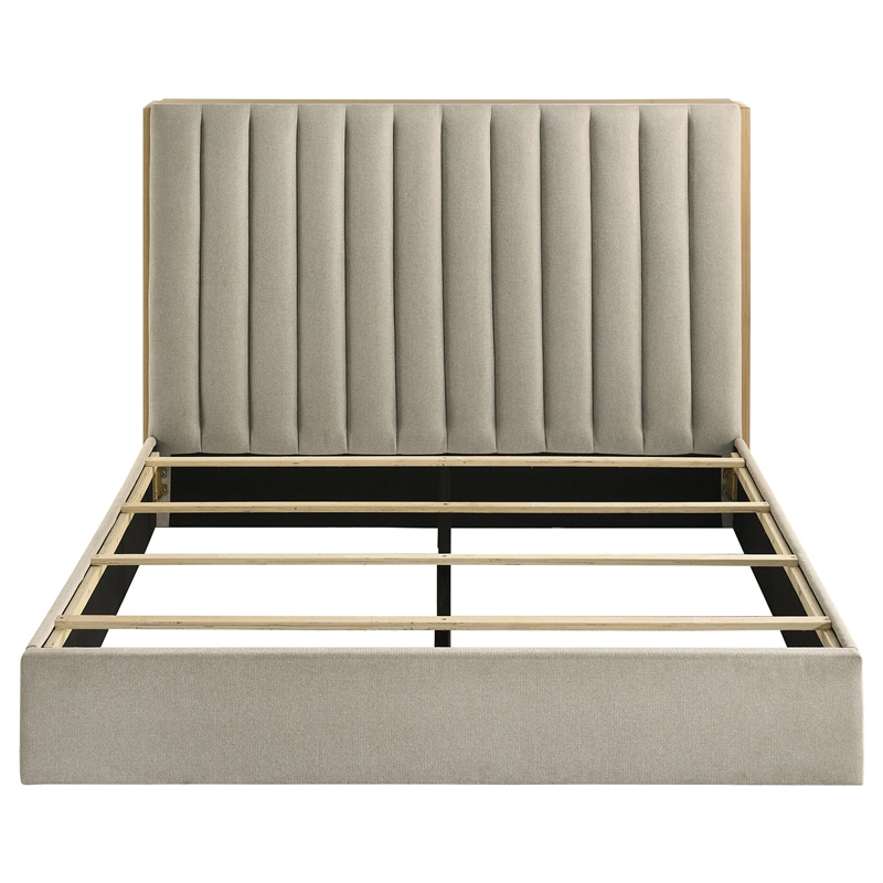 Coaster Arielle Fabric Eastern King Bookcase Panel Storage Bed in Light Oak/Tan