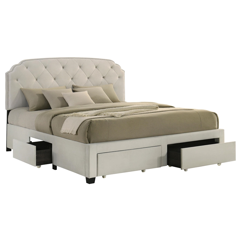 Coaster Marianna 4-Drawer Upholstered Velvet Eastern King Storage Bed in Cream